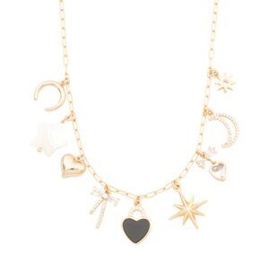 NWT LUNA NORTE Black Onyx Heart Moon Stars Celestial Gold Tone Charm Necklace